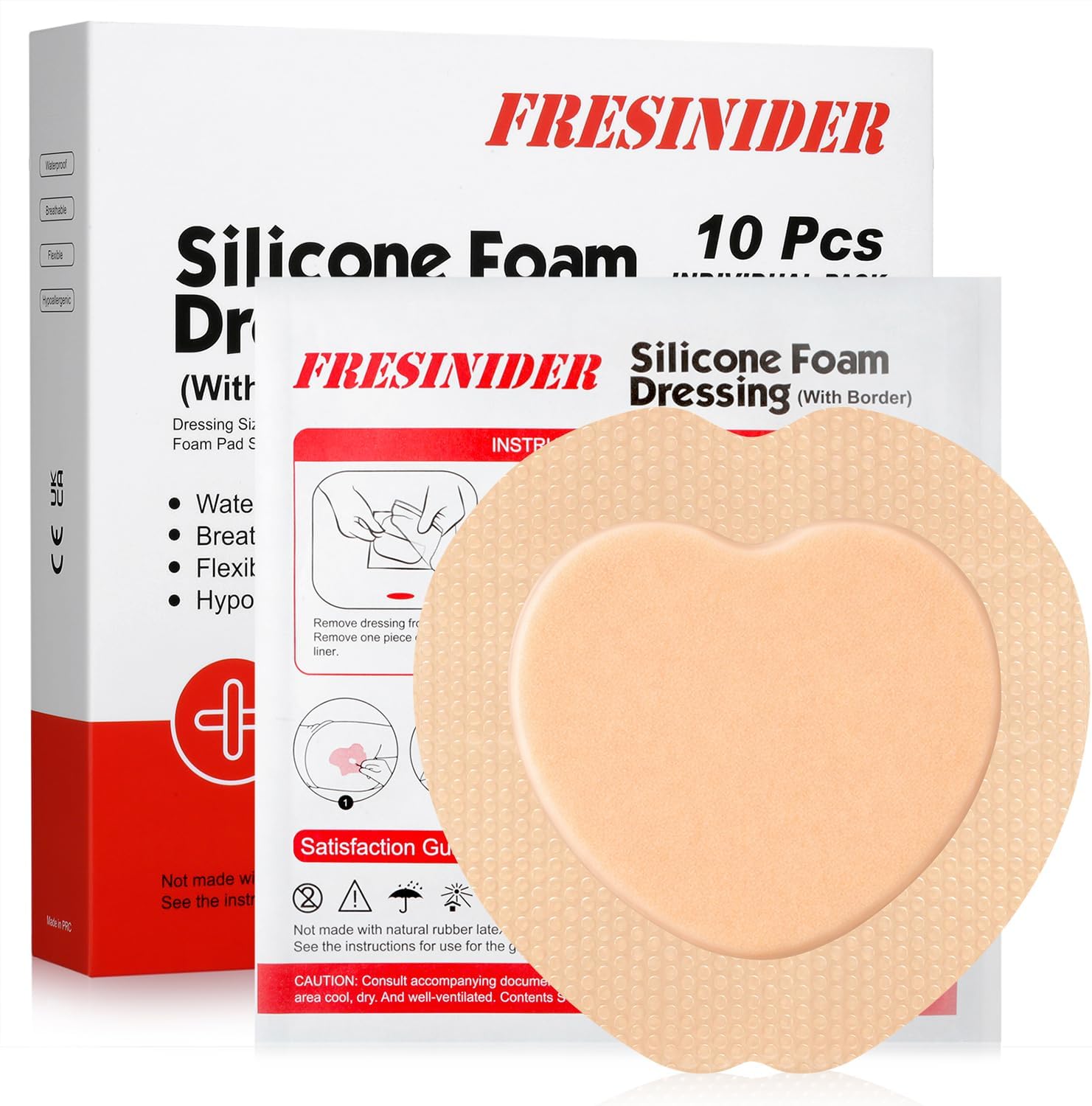 FRESINIDER Sacral Silicone Foam Dressing 7" x 7", 10 Pack, Adhesive Border, Absorbent & Breathable, for Pressure Ulcers, Bed Sores & Wound Care
