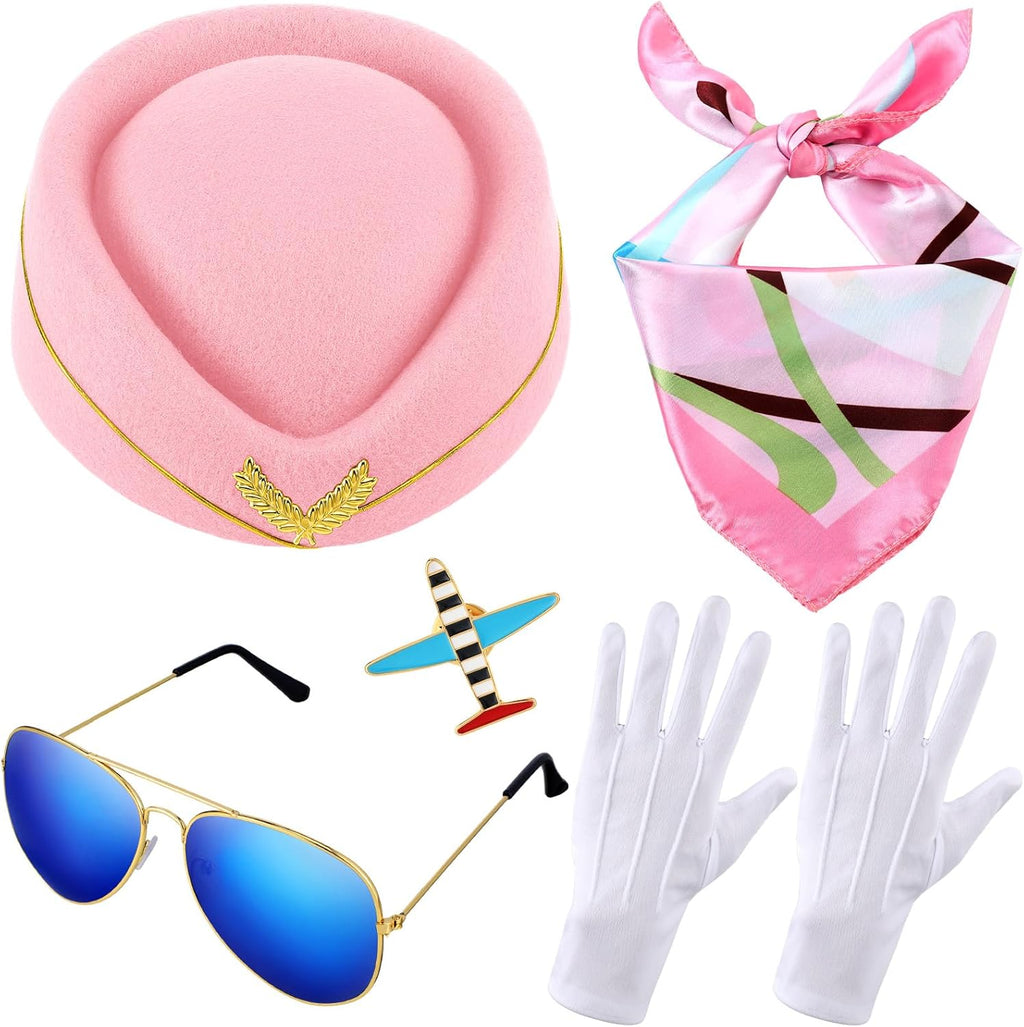 Bencailor 7 Pcs Women Flight Attendant Costume Accessories Stewardess Outfits Bellhop Hat Scarf Sunglasses Gloves