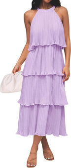 ZESICA Women's 2026 Summer Sleeveless Halter Neck Ruffle Tiered Layed Chiffon Flowy Swing Long Midi Dress