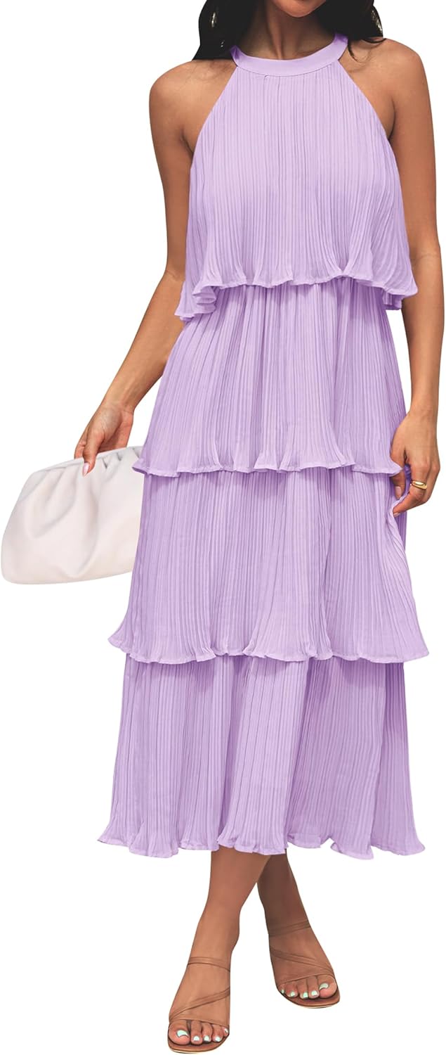 ZESICA Women's 2026 Summer Sleeveless Halter Neck Ruffle Tiered Layed Chiffon Flowy Swing Long Midi Dress