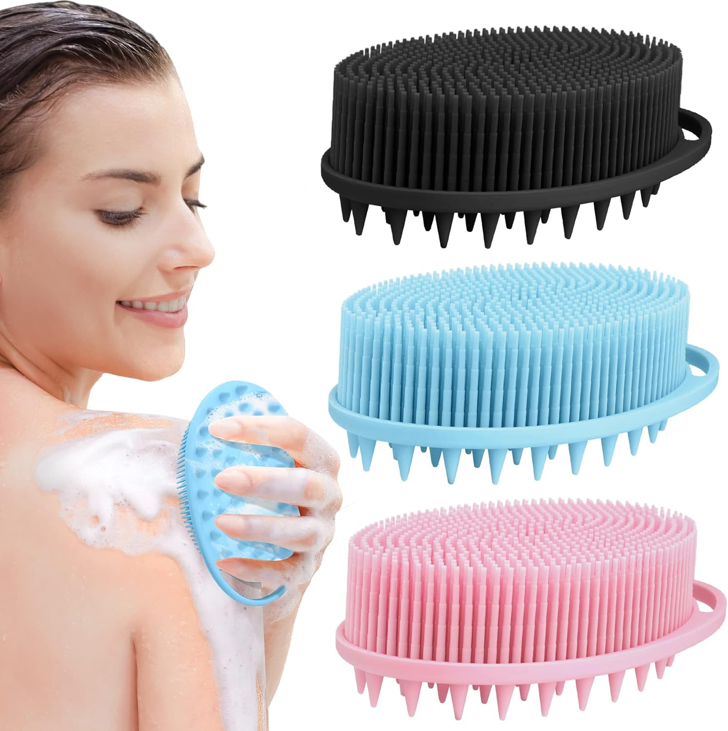 2 in 1 Silicone Body Scrubber Shampoo Brush, Shower Body Scrubber, Silicone Bath Scrubber,Exfoliating Body Scrubber, Scalp Massager, Silicone Loofah Body Scrubber,Rapid Foaming-3 Pack Black,Blue,Pink