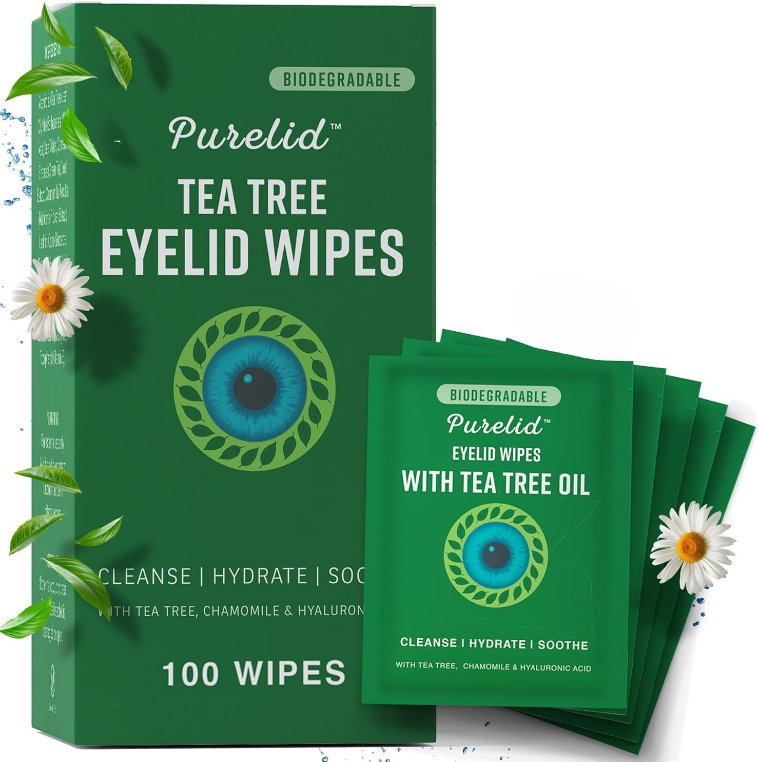 100PCs Tea Tree Eyelid Wipes – Cleaning Eye Wipes for People with Dry Eyes & Allergies – Gentle Eyelid Cleanser with Hyaluronic Acid, Chamomile and Aloe – Individually Wrapped & Biodegradable