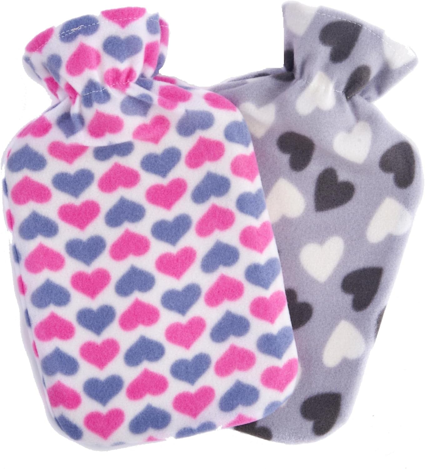 2 x Hot Water Bottles with Soft Fleece Cover - Natural Rubber 2 Litre Capacity - (Hearts Designs)