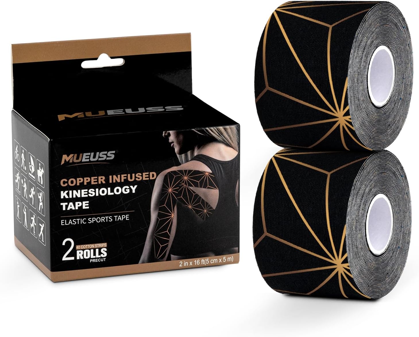 MUEUSS Copper Infused Kinesiology Tape, 40 Precut Strips (2 Rolls), Water Resistant Strips, Original Cotton Elastic Athletic Tape for Sports & Weightlifting, Muscle Strain Relief & Joint Support