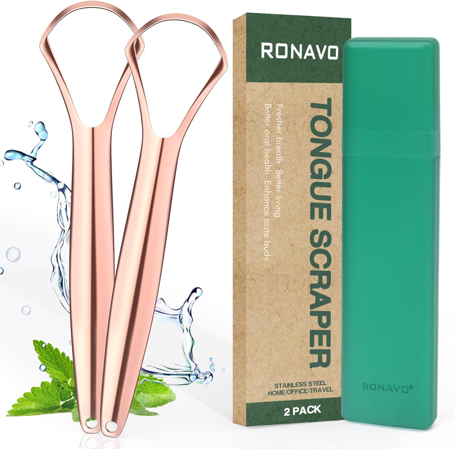 RONAVO Tongue Scraper for Adults, Tongue Scrapper for Women, Metal Tongue Cleaner with Travel Case for Oral Care, Fresher Breath in Seconds, Easy to Use and Clean, 2 Pack