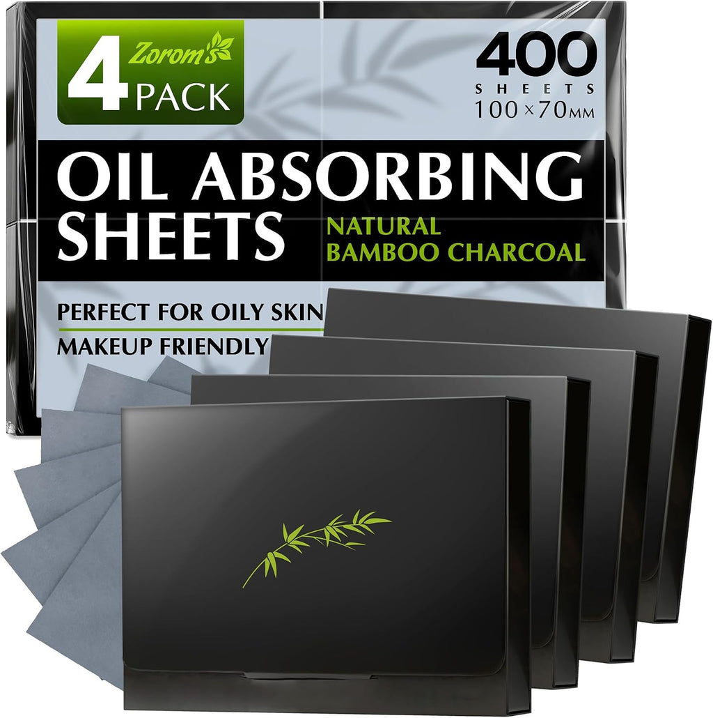 Natural Oil Blotting Sheets for Face with Bamboo Charcoal - 4pk/400 Makeup Friendly Oil Absorbing Sheets for Face - Blotting Papers for Oily Skin - Perfect for Keeping in Purse - Oil Control Film