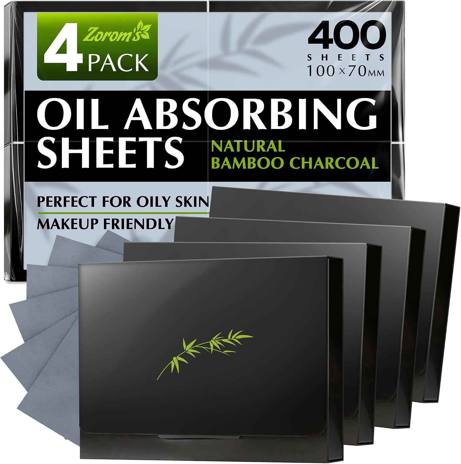 Natural Oil Blotting Sheets for Face with Bamboo Charcoal - 4pk/400 Makeup Friendly Oil Absorbing Sheets for Face - Blotting Papers for Oily Skin - Perfect for Keeping in Purse - Oil Control Film