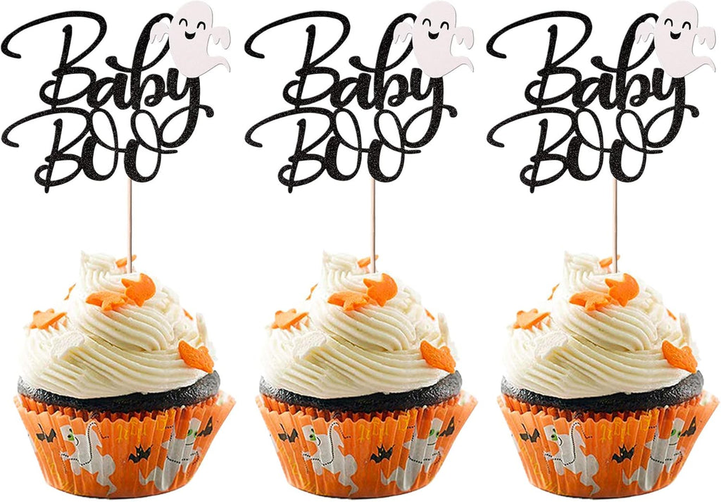 Rsstarxi 24 Pack Ghost Baby Boo Cupcake Toppers Glitter Spooky Little Boo Cupcake Picks for Halloween Theme Baby Shower Kids Boys Girls Birthday Party Cake Decorations Supplies Black