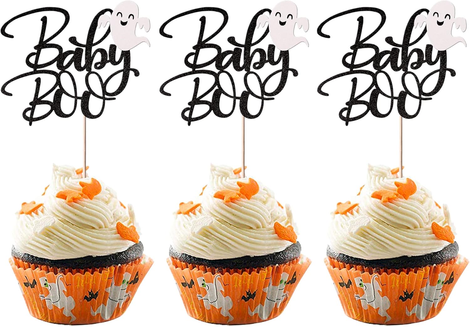 Rsstarxi 24 Pack Ghost Baby Boo Cupcake Toppers Glitter Spooky Little Boo Cupcake Picks for Halloween Theme Baby Shower Kids Boys Girls Birthday Party Cake Decorations Supplies Black