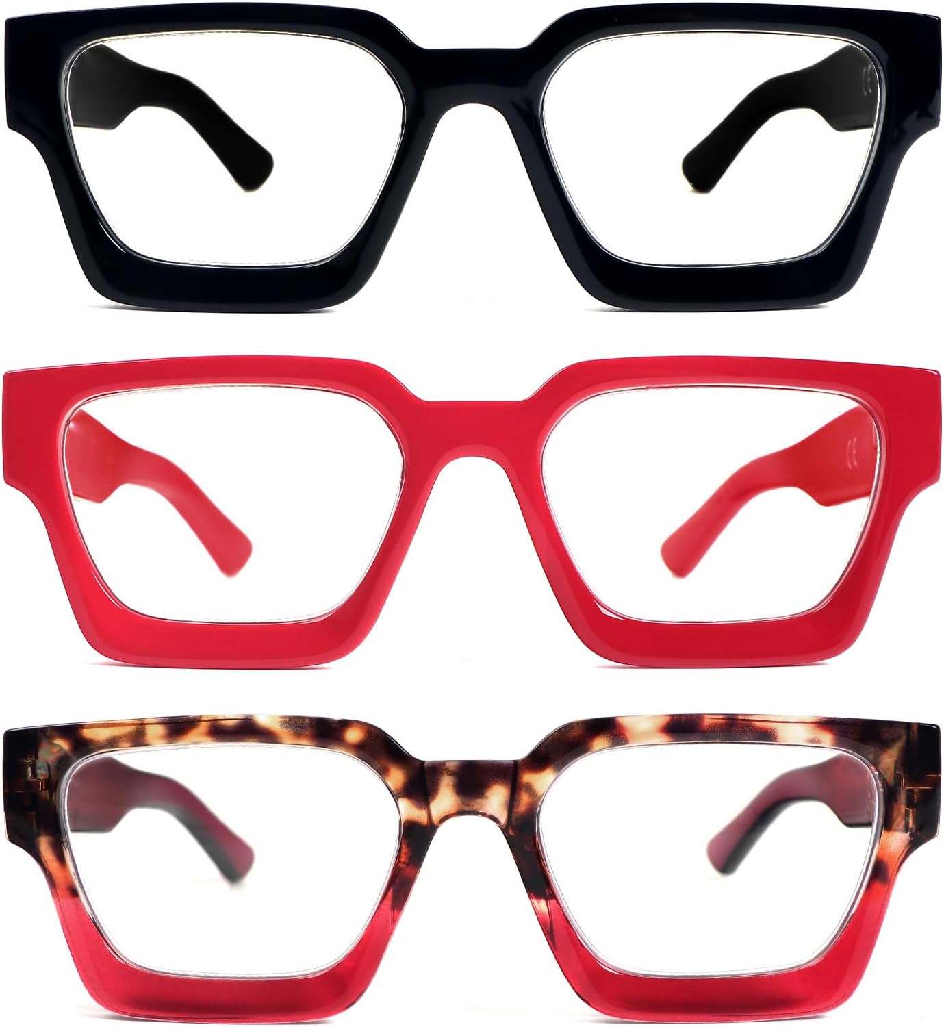 REAVEE 3 Pack Thick Frame Reading Glasses for Women Men, Oversized Fashion Blue Light Blocking Readers Spring Hinge