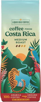 Liquid Gold Coffee from Costa Rica, Medium Roast Ground, 1 bag 12 OZ (340 Grams), Fair Trade, 100% Fresh Arabica Beans, Single Origin Specialty Coffee, Sourced from Coopeagri Farm, Small Batch Roasted, Made and Roasted in USA