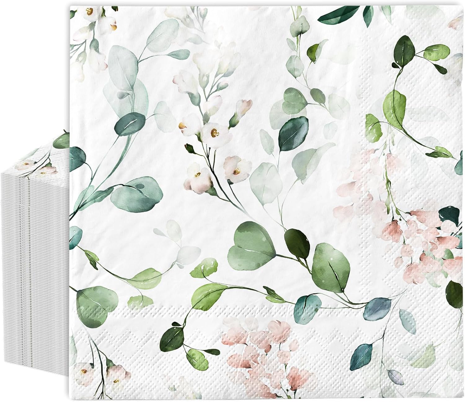 Whaline 80Pcs Eucalyptus Floral Paper Napkins Watercolor Greenery Leaves Flower Disposable Napkin Spring Sage Green Pink Luncheon Dinner Napkin for Wedding Birthday Baby Shower Bridal Party Supplies