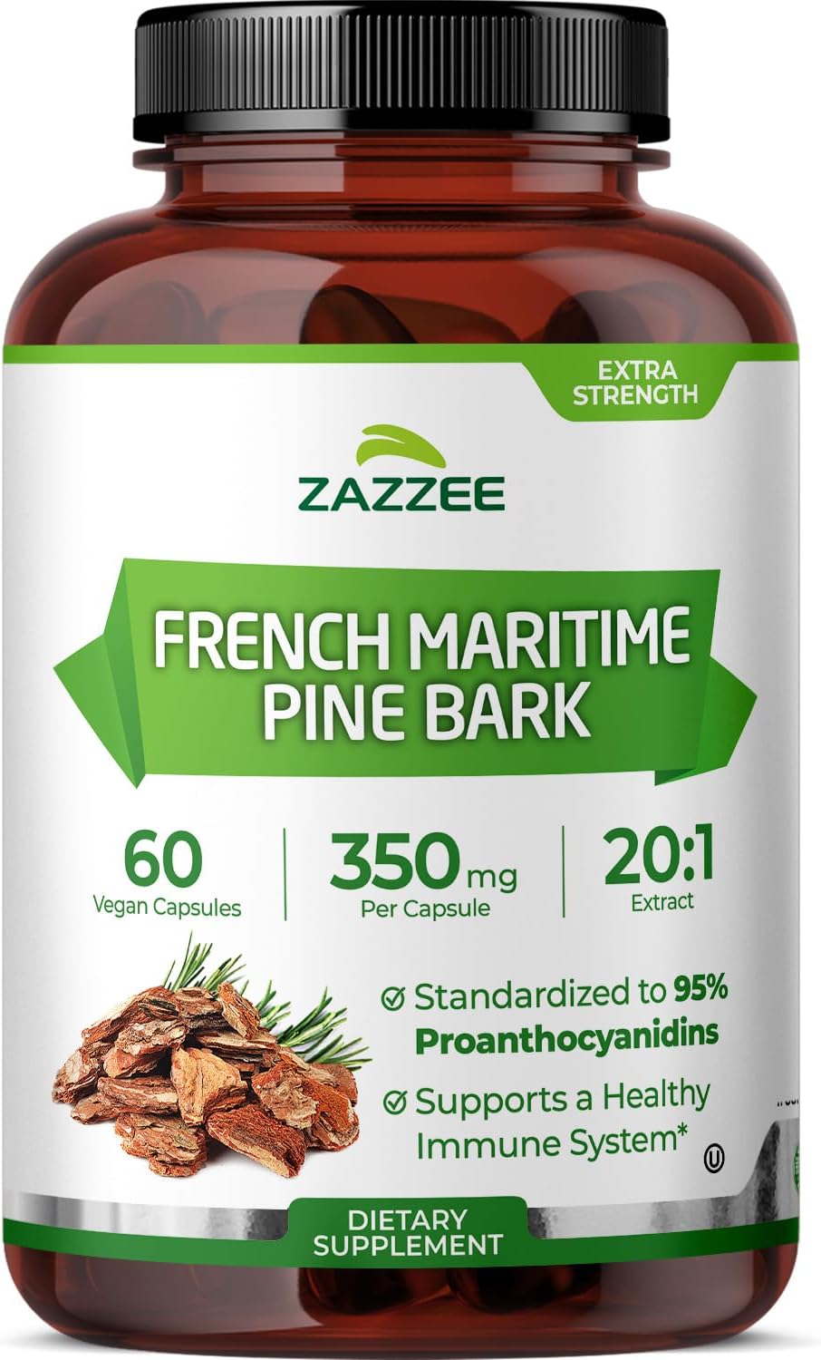 Zazzee Extra Strength French Maritime Pine Bark Extract 20:1, 350 mg Per Capsule, 95% Proanthocyanidins, 60 Vegan Capsules, 2 Month Supply, Certified Kosher, Antioxidant Support, Non-GMO, Made in USA