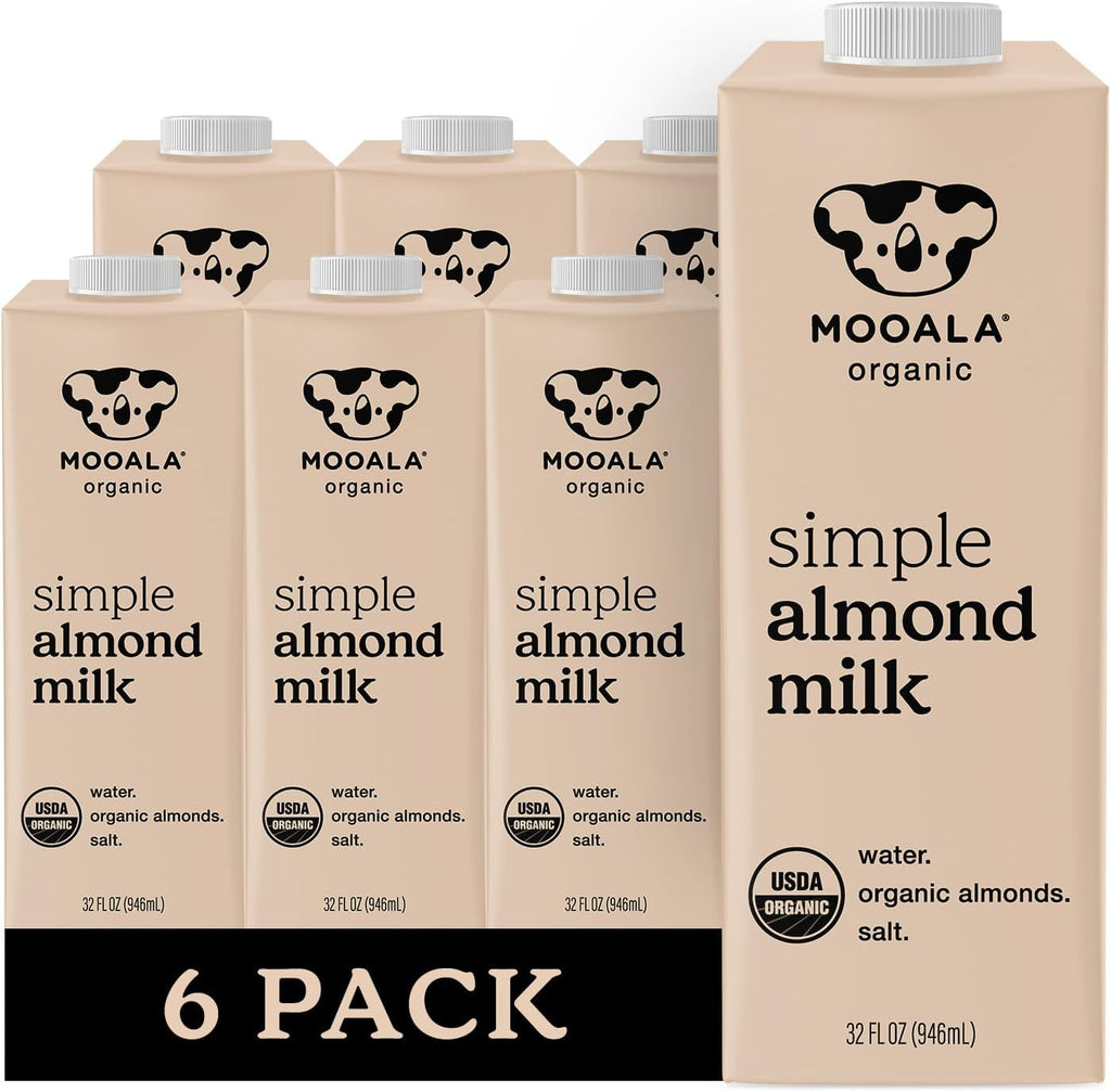 Mooala Organic Simple Almond Milk, 32oz - 3 Ingredient, Shelf Stable, No Gums, No Oils, No Fillers, Unsweetened, Non-GMO, No Additives, Dairy Free Plant Based Milk, 6 pack