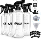 Veco 500mL (17oz) Graduated Spray Bottles, 4-Pack — 360° Any-Angle Spraying for Easy Dilution, Leak-Resistant spray bottles for Cleaning, Plants, Hair & Pet Use + Foldable Funnel