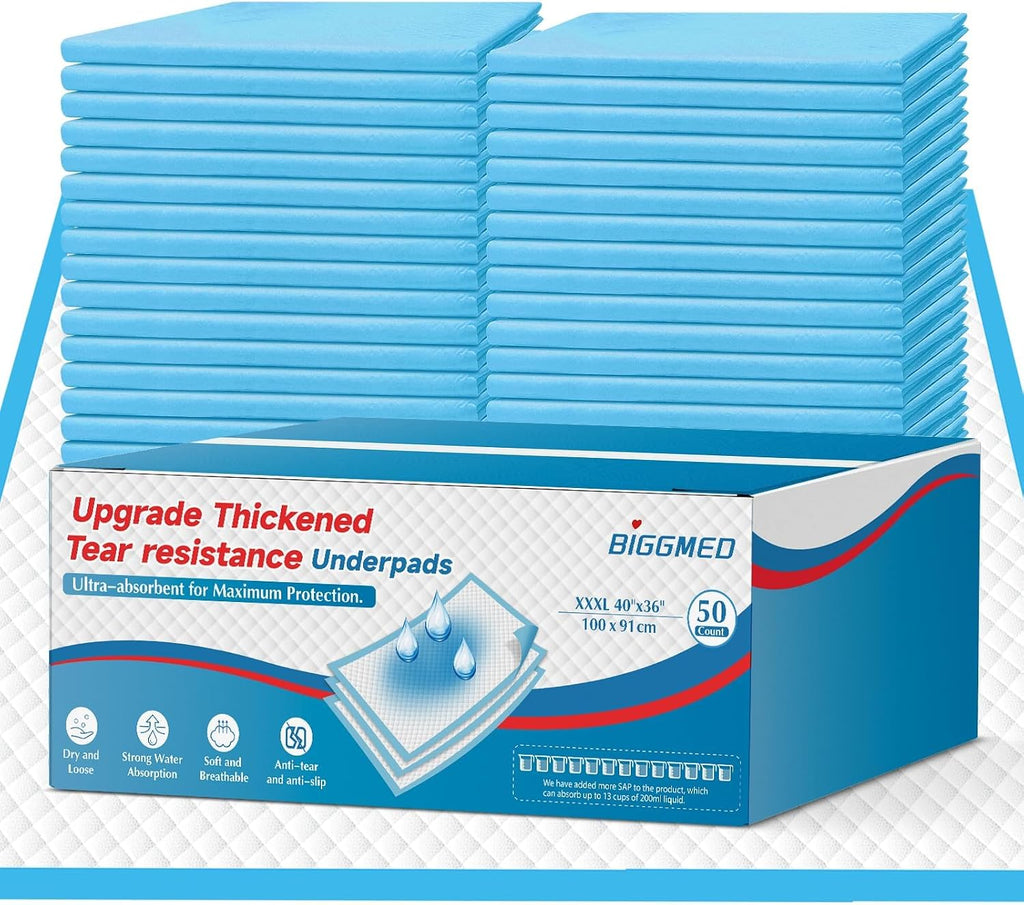 BIGGMED Tear-Resistant Incontinence Bed Pads 40'' x 36'' (50 Count ) with 130 Gram Heavy Duty Disposable Underpads Chucks Pads for Adults, Kids & Elderly | Protection Pads for Bed, Sofa, and Chair