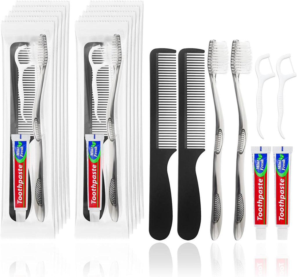 Travel Toothbrushes with Toothpaste, Disposable Toothbrushes, Hygiene Kits in Bulk with Floss Picks, Combs, Individually Packaged, Suitable for Home, Travel, and Hotels (15-Pack)