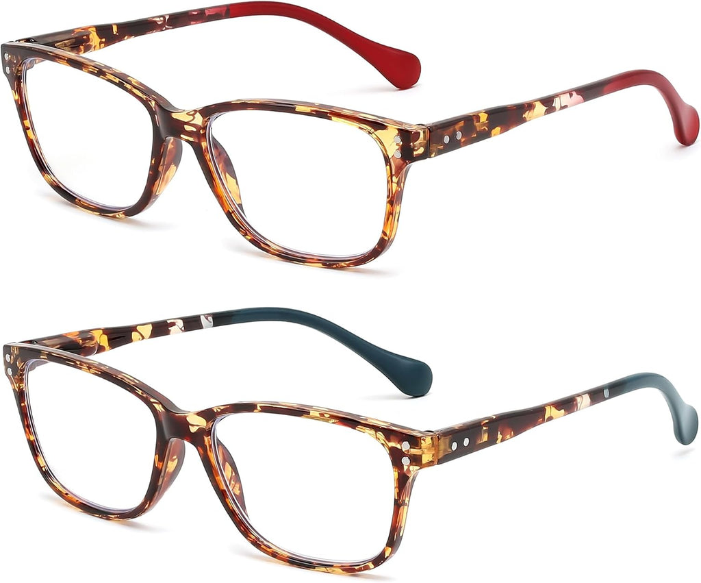 FEISEDY 2 Pack Retro Blue Light Blocking Reading Glasses Rectangular Tortoise Frame B0369