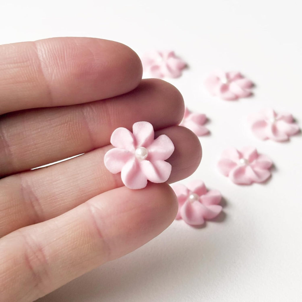 Mini Edible Royal Icing Flowers (36 Count), Petite Edible Flower Cake Decorations, Edible Flowers for Cupcakes, Flowers with Pearl Sprinkles for Cakes & Cupcakes, Global Sugar Art (Pink, 36 Count)