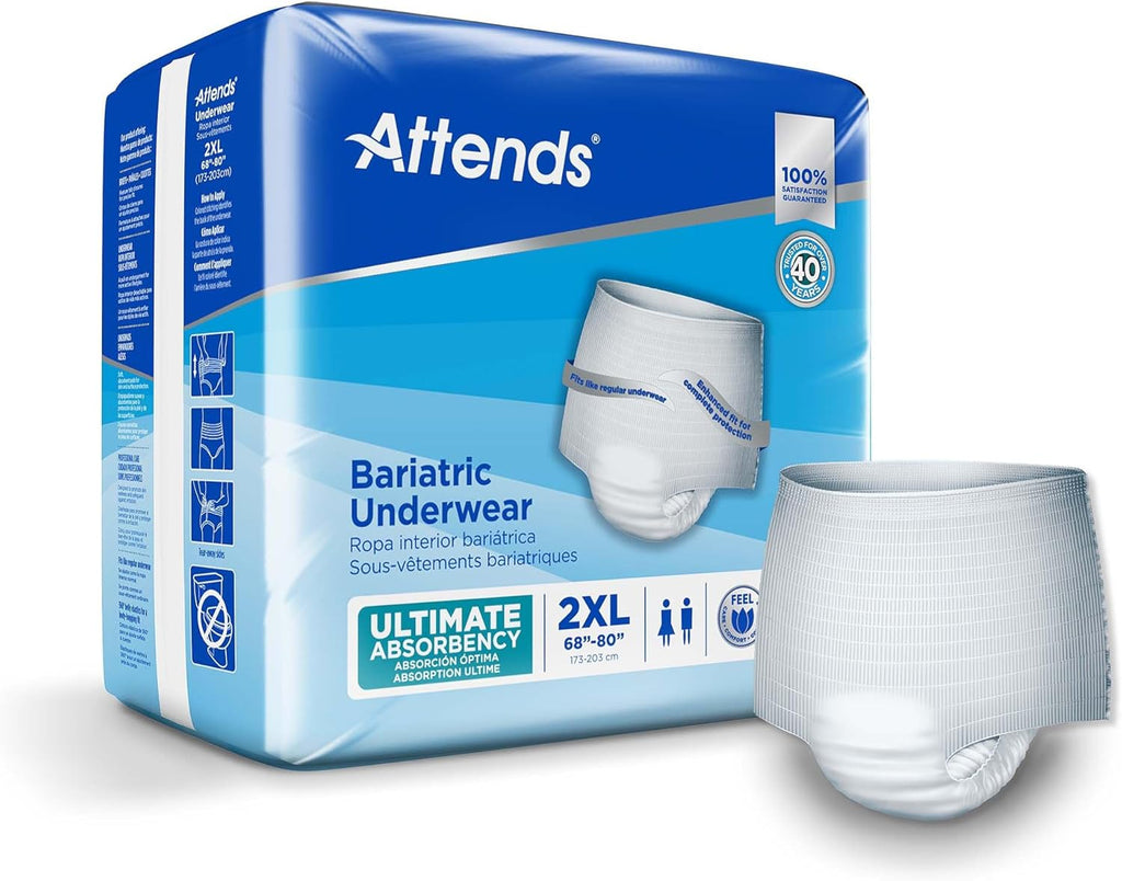 Attends Bariatric Adult Incontinence Underwear, 2X-Large (68–80”), [12 Count] – Overnight Absorbency for Men and Women, Disposable Pull-On Diapers with Tear-Away Sides, AU50