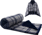 forestfish Fleece Wearable Blanket, Plaid Lap Blanket Comfy Poncho Throw with Buttons for Bed Sofa Office, Navy-Gray