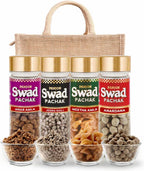 Swad Pachak Mouth Freshener Anar Amla, Jeera Goli, Meetha Amla & Shahi Anardana | Made with Natural Spices & Ingredients | Tasty After-meal Snack | 4 Bottle Jute Bag Gift Set