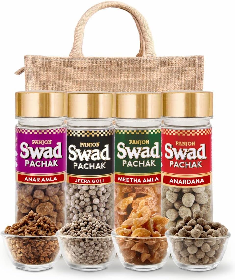 Swad Pachak Mouth Freshener Anar Amla, Jeera Goli, Meetha Amla & Shahi Anardana | Made with Natural Spices & Ingredients | Tasty After-meal Snack | 4 Bottle Jute Bag Gift Set
