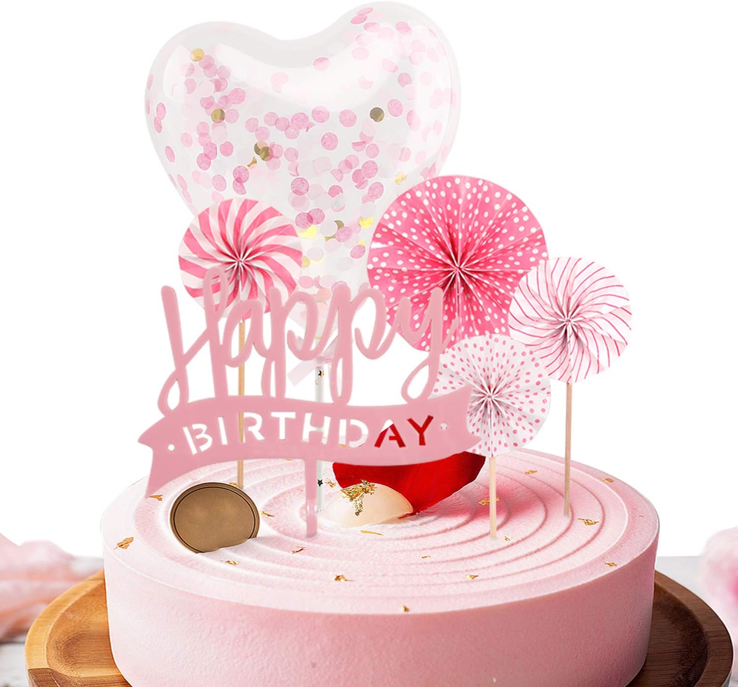 Happy Birthday Pink Cake Topper, Takemay Pink Cupcake Topper with Paper Fans, Confetti Balloon, Christmas Birthday Cake Supplies Decorations (6 pieces)