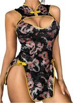 WDIRARA Women's Dragon Print Cut Out Cheongsam Lingerie Dress Slit Open Back Qipao Costume Outfits