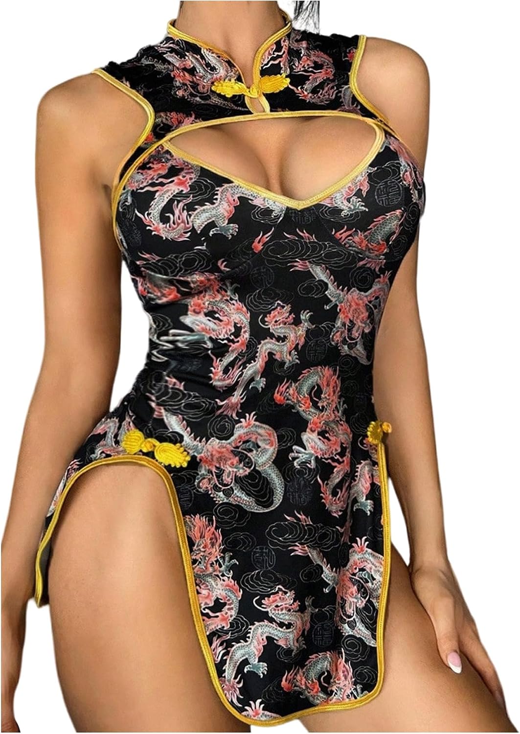 WDIRARA Women's Dragon Print Cut Out Cheongsam Lingerie Dress Slit Open Back Qipao Costume Outfits