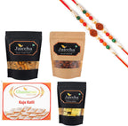 Ghasitaram Gifts Rakhi Gifts for Brothers Best of 4 Kaju Katli, MEWA Bites Pouch, Butter Chakli Sticks Pouch and Peri Peri Almonds Pouch with 2 Rudraksh Rakhis