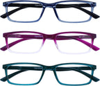 OPULIZE SEE Reading Glasses with Blue Light Blocking for Women and Men, Narrow Frame, Spring Hinges, Computer Gaming Glasses, Blue,Purple,Turquoise +2.5 (Pack of 3)