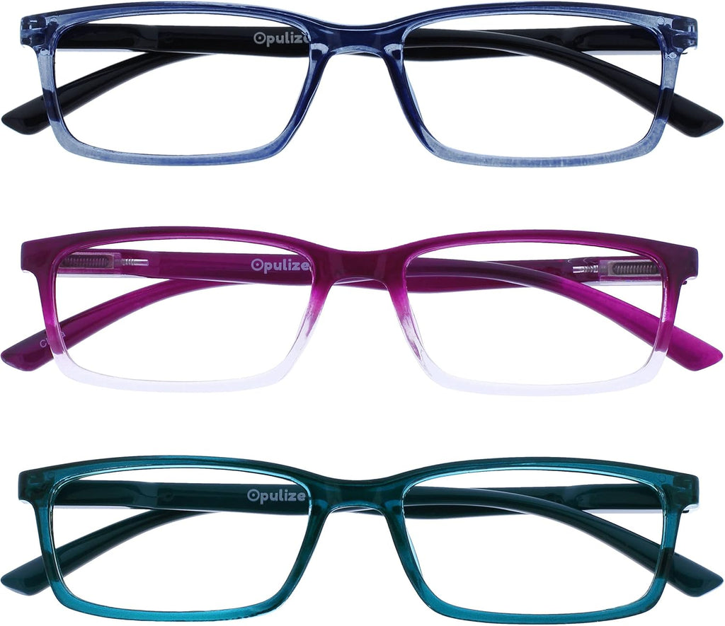 OPULIZE SEE Reading Glasses with Blue Light Blocking for Women and Men, Narrow Frame, Spring Hinges, Computer Gaming Glasses, Blue,Purple,Turquoise +2 (Pack of 3)
