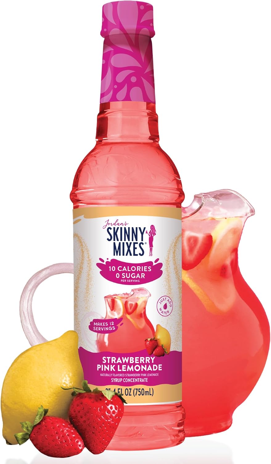 Jordan's Skinny Mixes Sugar Free Syrup, Strawberry Pink Lemonade, Fruit Flavored Water Enhancer, Drink Mix Iced Tea, Lemonade, Drinks, Low Calorie Water Flavoring, Dairy & Gluten Free, Kosher, 25.4 Fl Oz