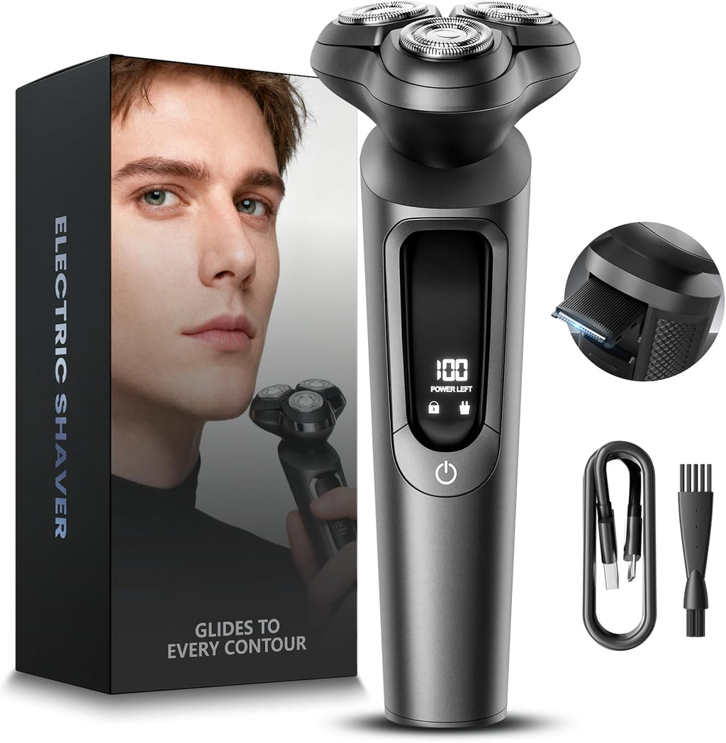 Electric Razor for Men, IPX8 Waterproof with Type-C Quick Charge, 3D Flex Blades & Pop-Up Trimmer, 90 min Runtime, Travel Lock, Wet & Dry Shave, Elegant Gray
