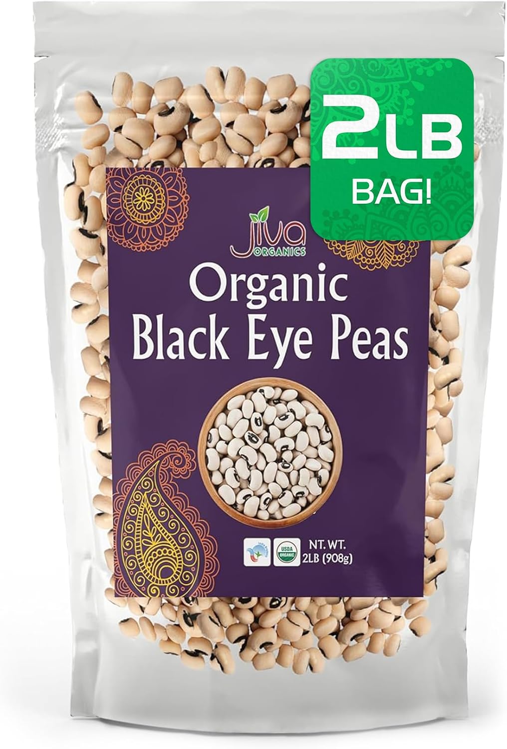 Jiva Organics Organic Black Eyed Peas 2 Pound Bag - Cowpeas, Non-GMO, Natural