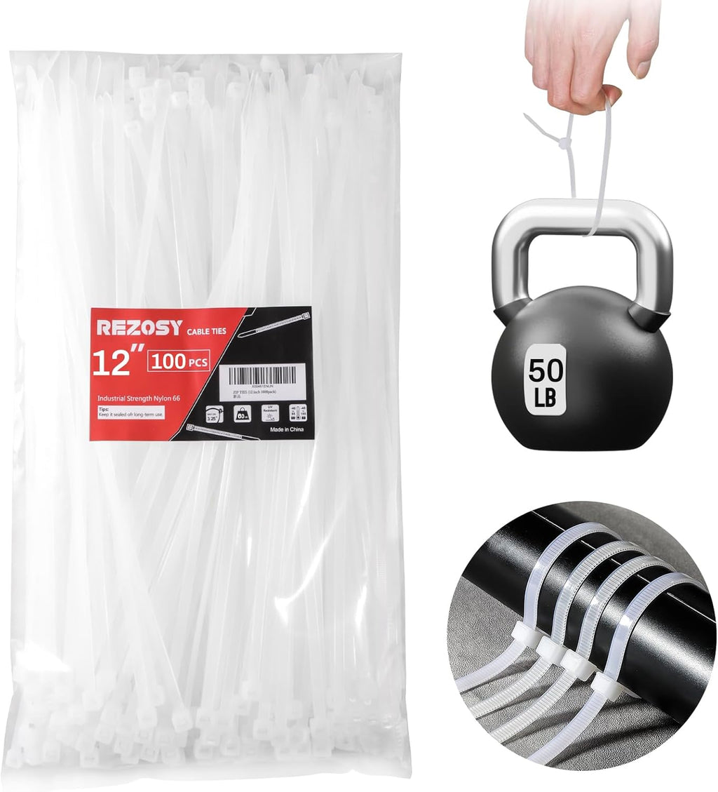 White Zip Ties 12 Inch 100 Pack Clear Tensile Strength 50 lbs UV Resistant Industrial Cable Ties Self Locking Zipties Wire Ties Wrap Indoor Outdoor Use for Fence Garage Camping