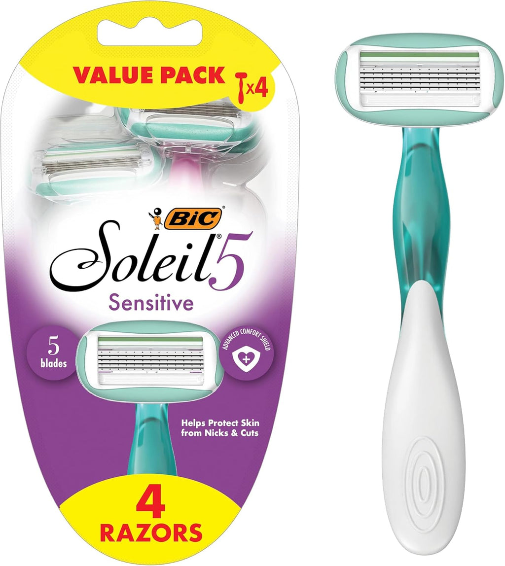 BIC Soleil 5 Sensitive Women's Disposable 5 Blade Razors, 360 Degree Moisture Strips and Pivoting Head, 4-Pack