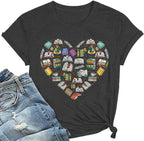 Valentine's Tshirt Women Cute Love Heart Graphic Tees Funny Cassette Tape Letter Print Splicing Short Sleeve Lover Tee Tops