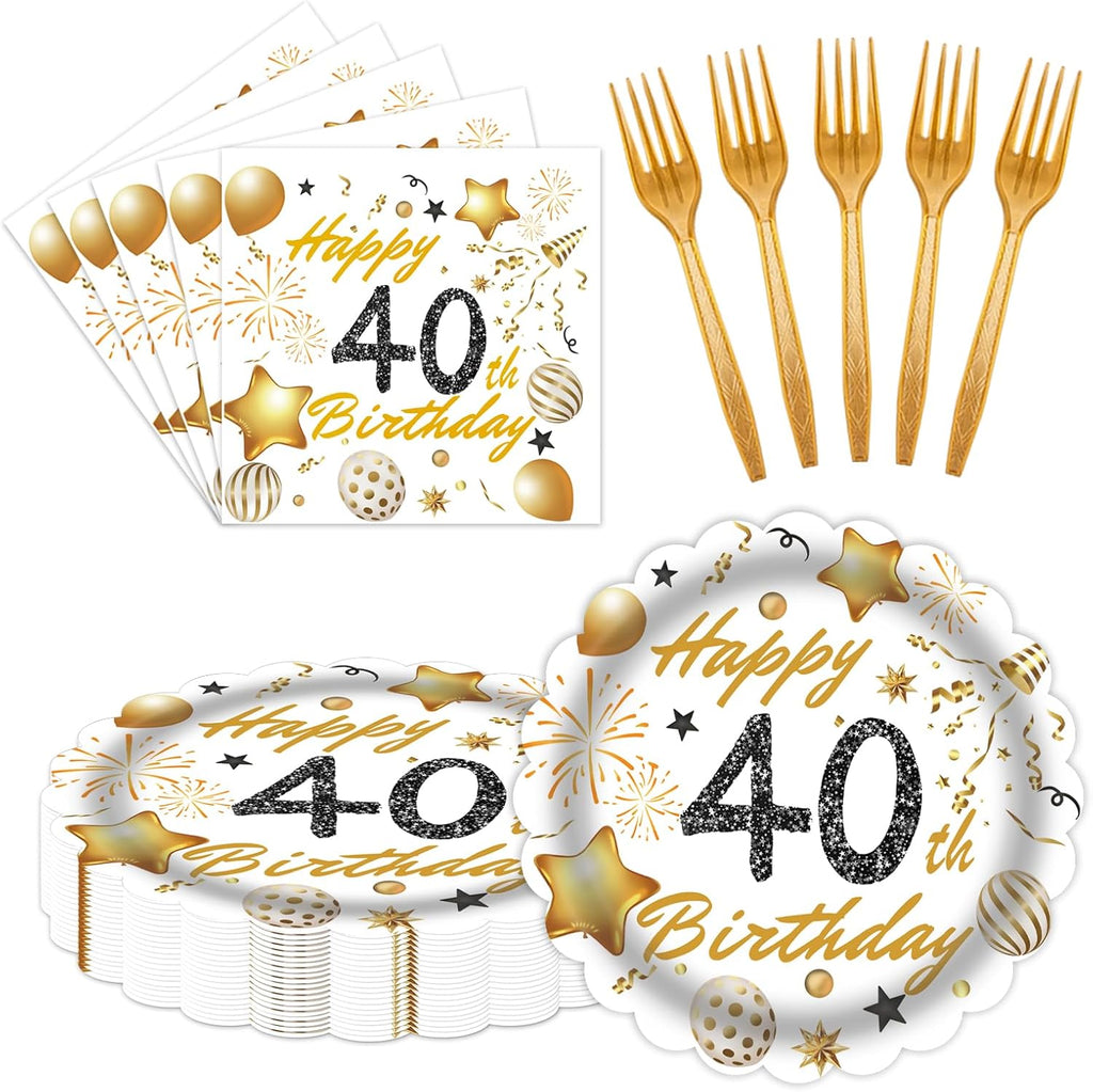 60 Pcs 40th Birthday Decorations White gold Paper Plates and Napkins Forks Party Tableware for Men Women Birthday Party Decorations,Serve 20