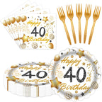 60 Pcs 40th Birthday Decorations White gold Paper Plates and Napkins Forks Party Tableware for Men Women Birthday Party Decorations,Serve 20
