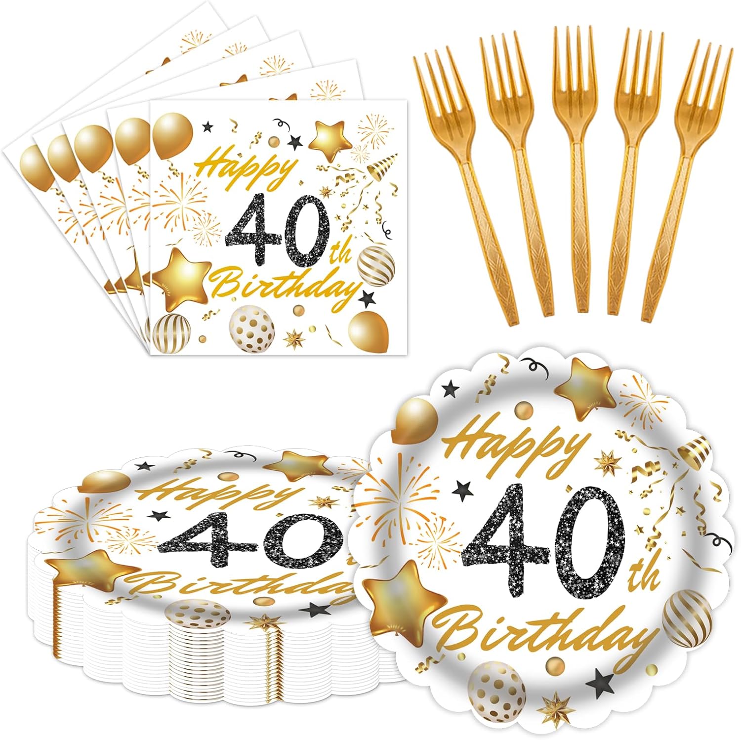 60 Pcs 40th Birthday Decorations White gold Paper Plates and Napkins Forks Party Tableware for Men Women Birthday Party Decorations,Serve 20