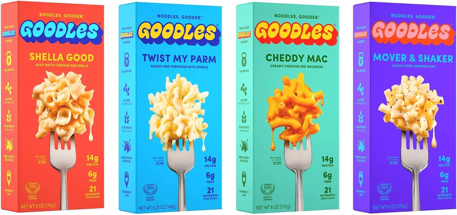 Goodles Mac & Cheese Assortment 4 Pack, 6oz - 14g Protein, 6g Fiber with Prebiotics, 21 Plant-Based Nutrients and Made w/REAL Cheese! | Clean Label Certified