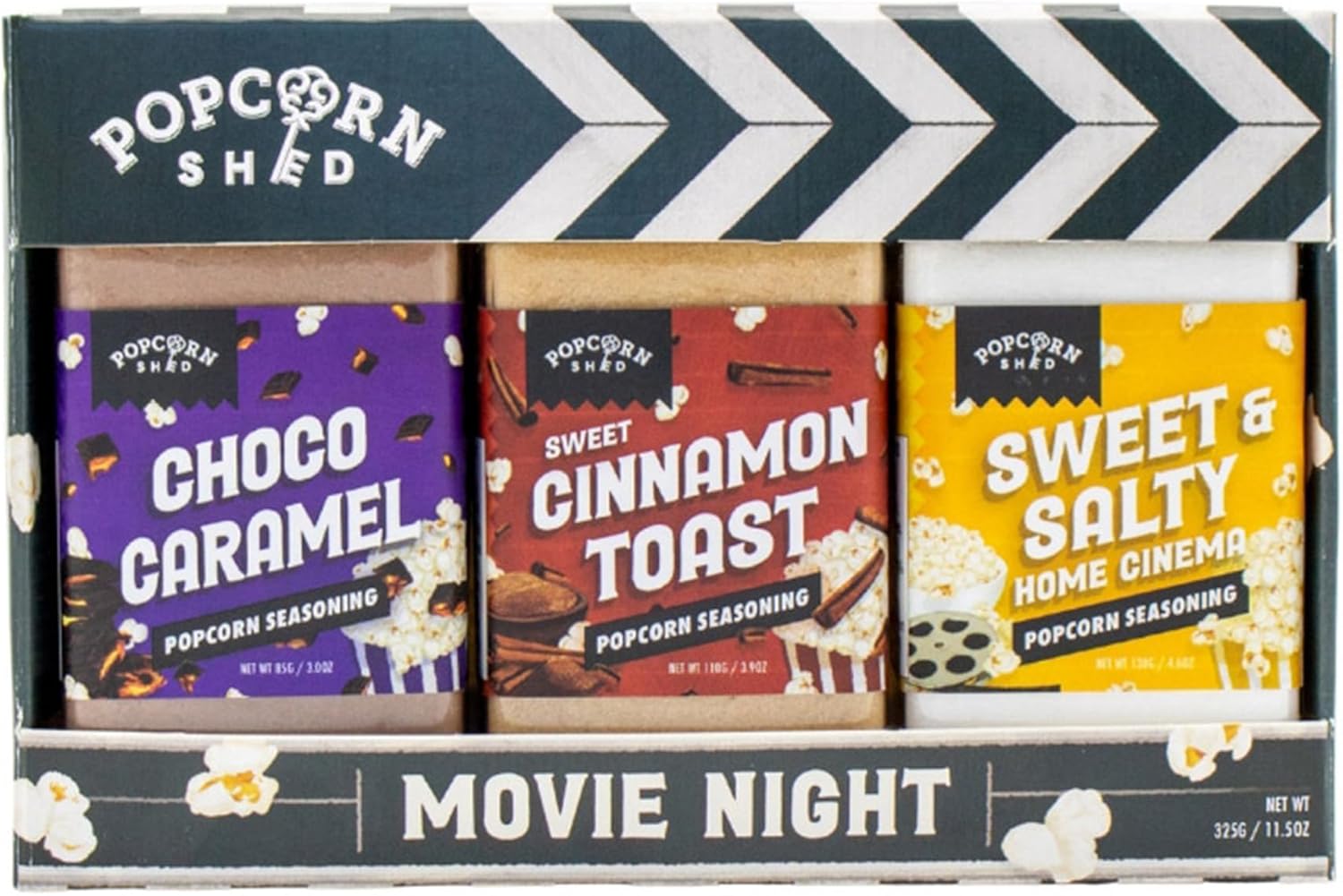 Movie Night Popcorn Seasoning Kit, DIY Popcorn, Popcorn Seasoning Shakers, 3 Flavors: Chocolate Caramel, Cinnamon Toast and Sweet & Salty, 11.5oz, Imported from UK