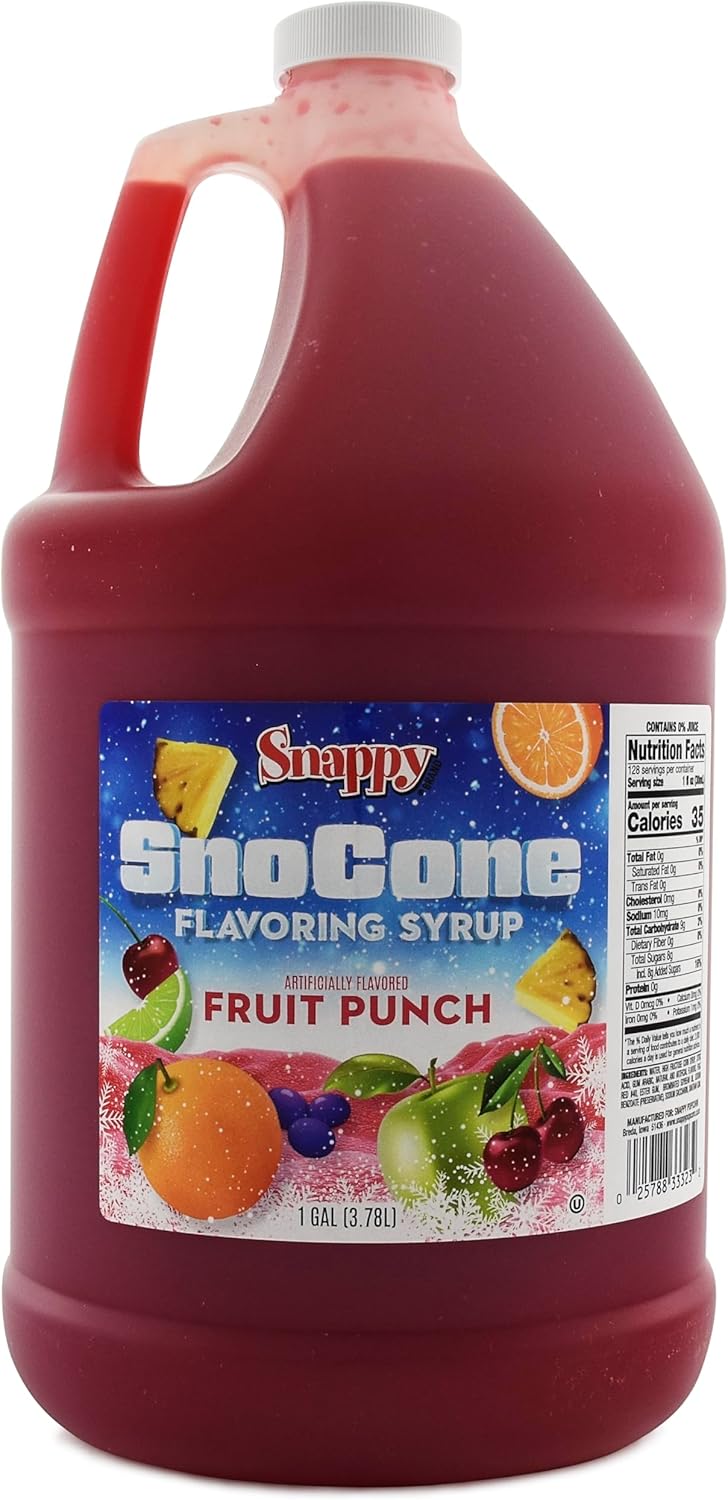 Snappy Fruit Punch Sno Cone Syrup, 1 Gallon (128 ounces) Size, Ready to Use For Snow Cone Machines, Flavored Syrup for Shaved Ice, 14 Snow Cone Flavor Options