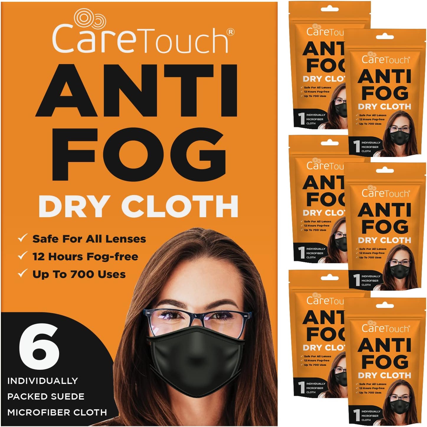 Care Touch Anti-Fog Dry Cloth - Anti Fog Wipes for Glasses - Individually Wrapped Suede Microfiber Cloth - Safe for All Lenses - 24-Hours Fog Free - Care Touch Lens Wipes - Eyeglass Cloth for Cleaning