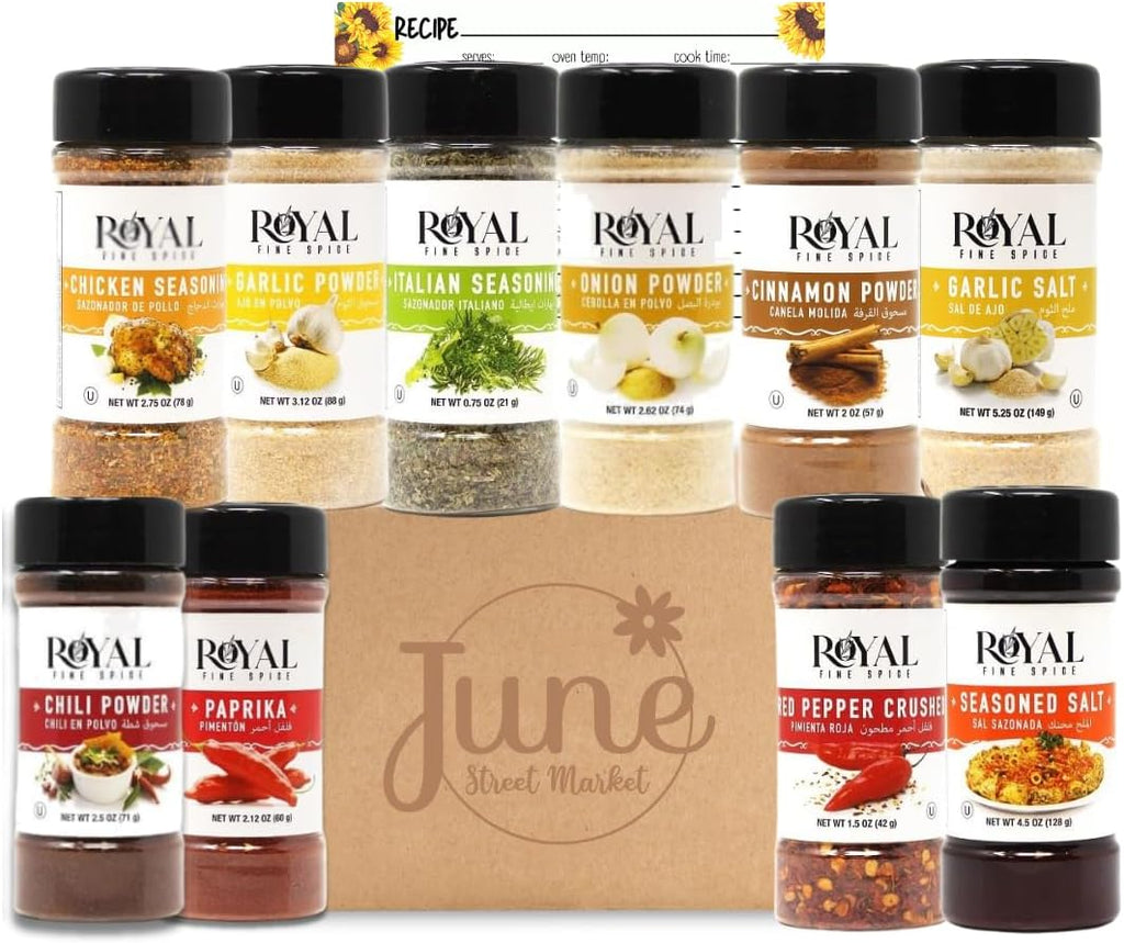 June Street Market 10 Piece Essentials Kitchen Starter Gift Set: Spices with Trilingual Labels (English, Spanish, Arabic) Includes Recipe Cards, Perfect for Cooking, Baking, or Gifting