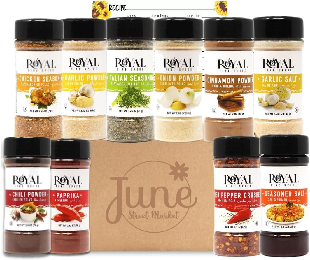 June Street Market 10 Piece Essentials Kitchen Starter Gift Set: Spices with Trilingual Labels (English, Spanish, Arabic) Includes Recipe Cards, Perfect for Cooking, Baking, or Gifting