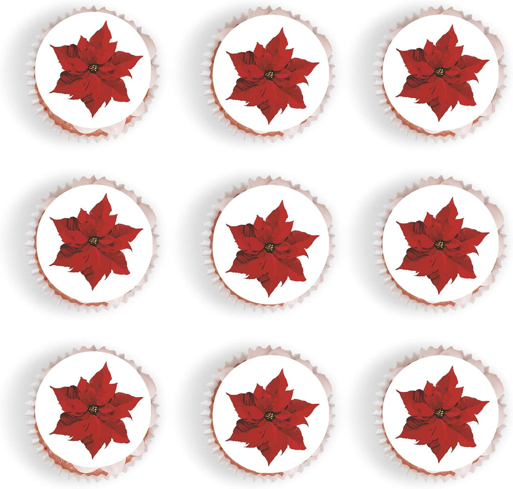 30Pcs Edible Fake Poinsettia Flowers Christmas Cupcake Toppers Wafer Paper Christmas Themed party Decorations Picks for Christmas Birthday Party Cake Decorations