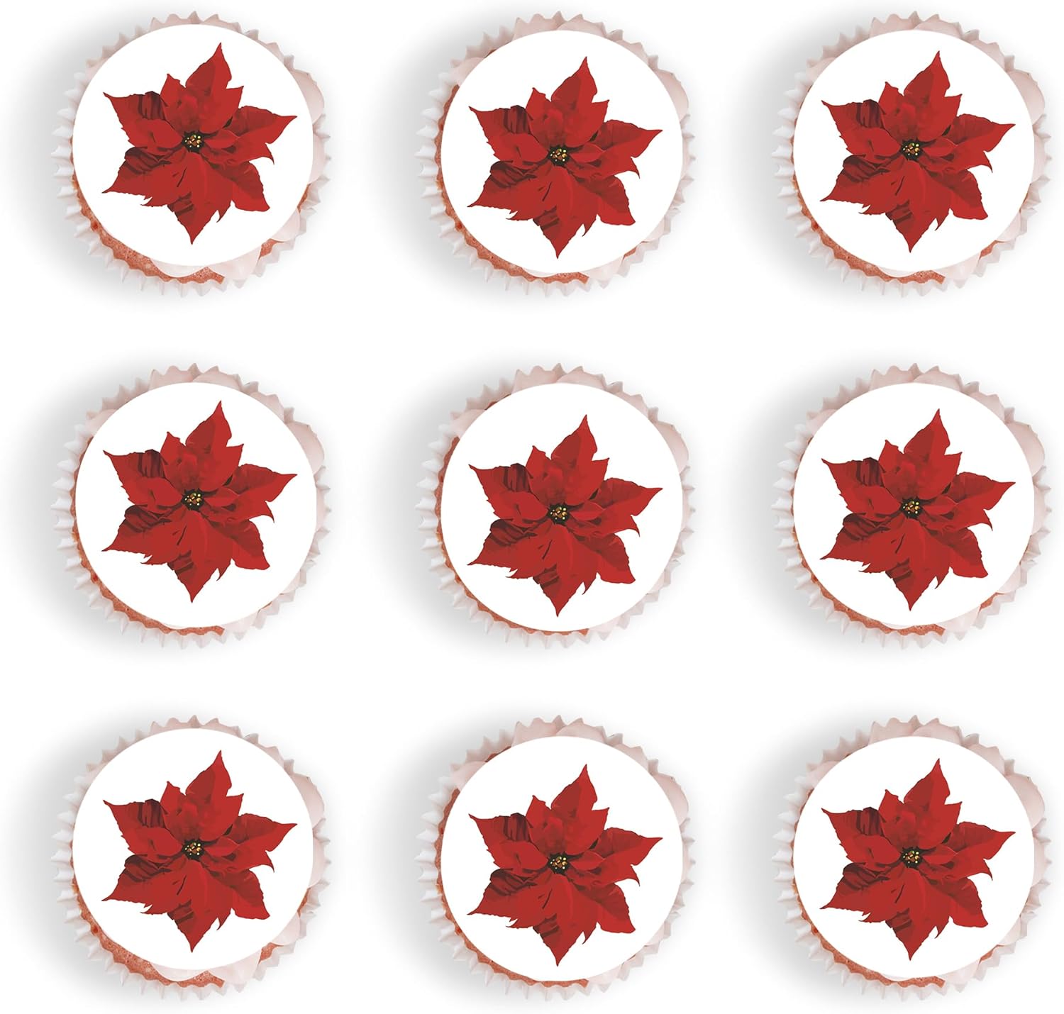 30Pcs Edible Fake Poinsettia Flowers Christmas Cupcake Toppers Wafer Paper Christmas Themed party Decorations Picks for Christmas Birthday Party Cake Decorations